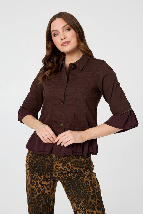 Brown | Frilled Hem 3/4 Flare Sleeve Shirt