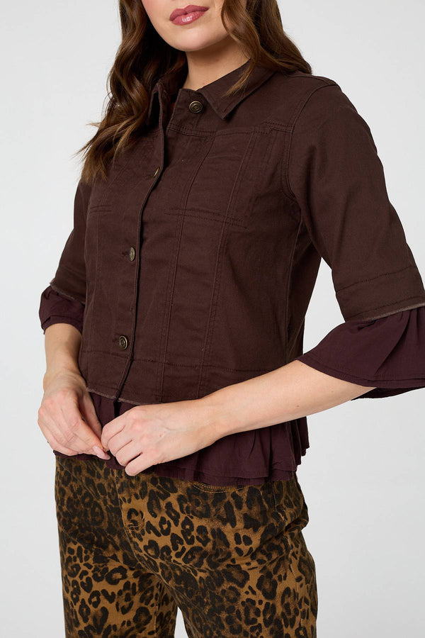 Brown | Frilled Hem 3/4 Flare Sleeve Shirt