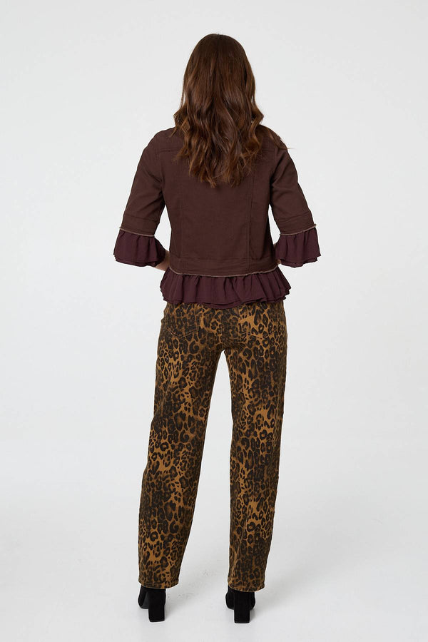 Brown | Frilled Hem 3/4 Flare Sleeve Shirt