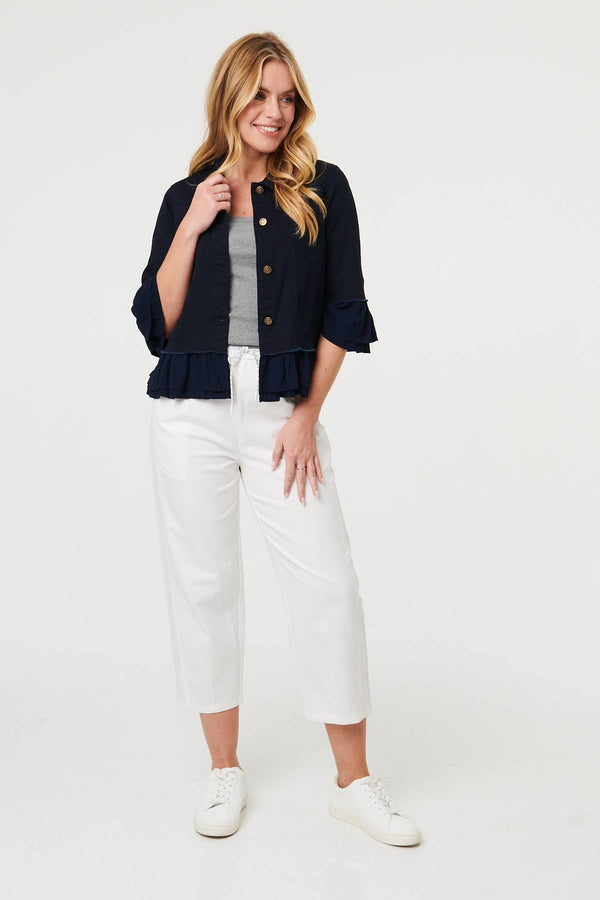 Navy | Frilled Hem 3/4 Flare Sleeve Shirt