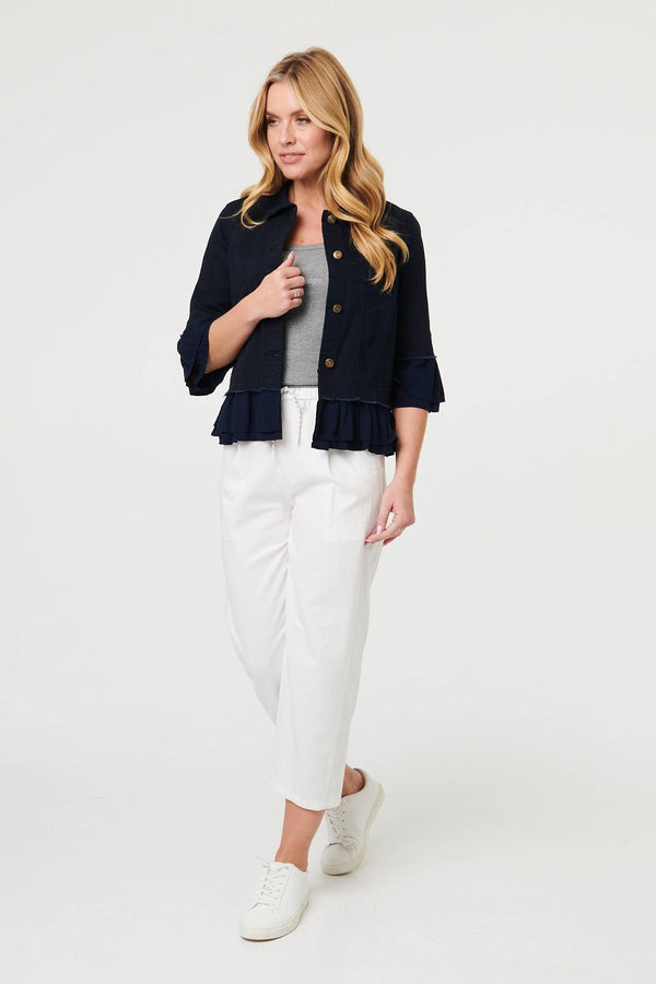 Navy | Frilled Hem 3/4 Flare Sleeve Shirt