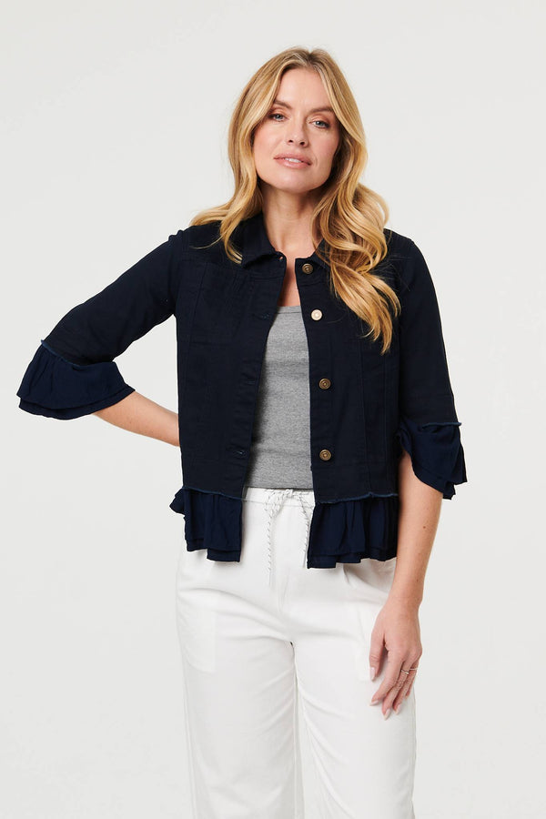 Navy | Frilled Hem 3/4 Flare Sleeve Shirt