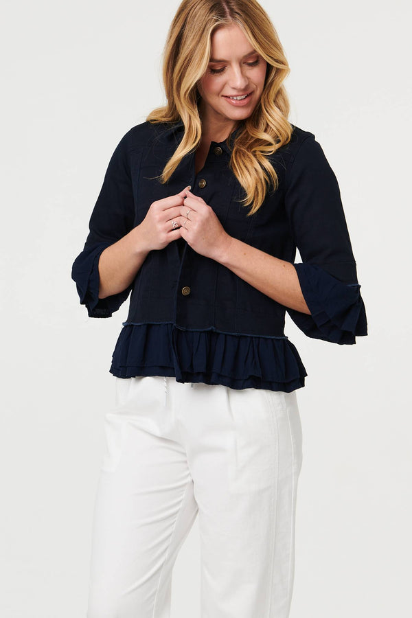 Navy | Frilled Hem 3/4 Flare Sleeve Shirt