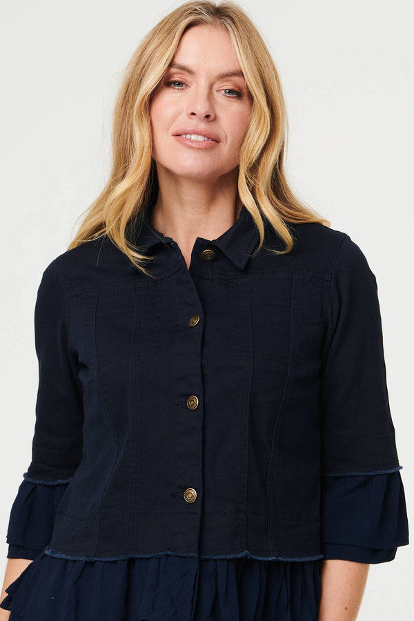 Navy | Frilled Hem 3/4 Flare Sleeve Shirt