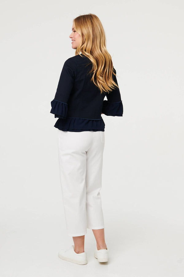 Navy | Frilled Hem 3/4 Flare Sleeve Shirt