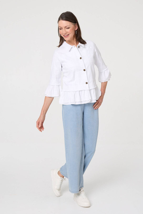White | Frilled Hem 3/4 Flare Sleeve Shirt