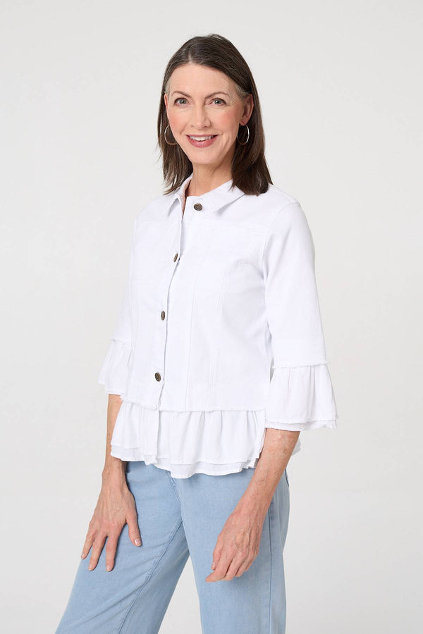 White | Frilled Hem 3/4 Flare Sleeve Shirt