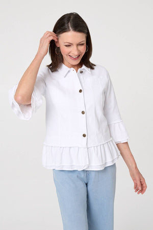 White | Frilled Hem 3/4 Flare Sleeve Shirt : Model is 5'8