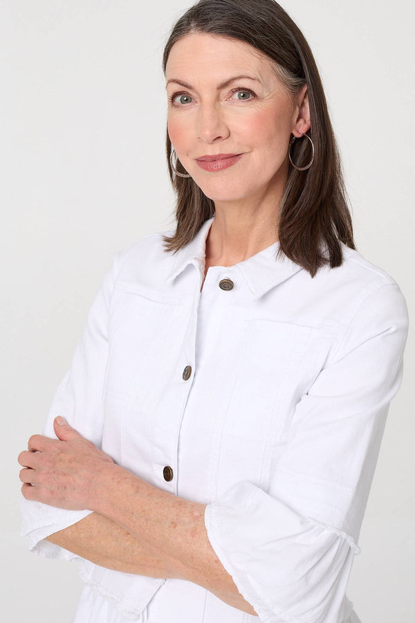 White | Frilled Hem 3/4 Flare Sleeve Shirt