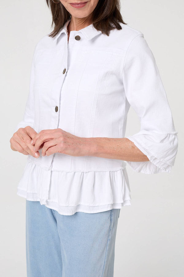 White | Frilled Hem 3/4 Flare Sleeve Shirt