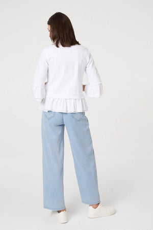 White | Frilled Hem 3/4 Flare Sleeve Shirt