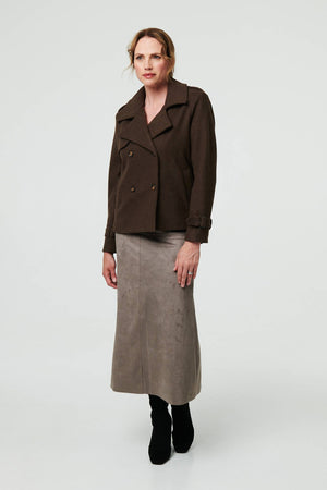 Brown | Textured Button Front Short Trench Coat
