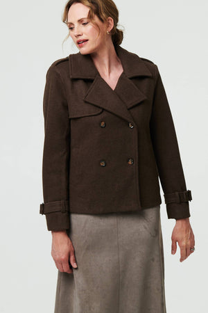 Brown | Textured Button Front Short Trench Coat
