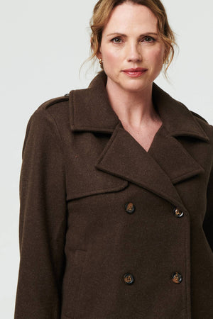 Brown | Textured Button Front Short Trench Coat
