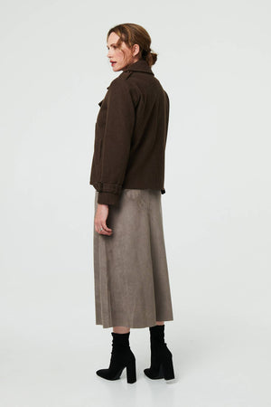 Brown | Textured Button Front Short Trench Coat
