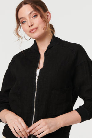 Black | Pocket Detail Zip Front Bomber Jacket 
