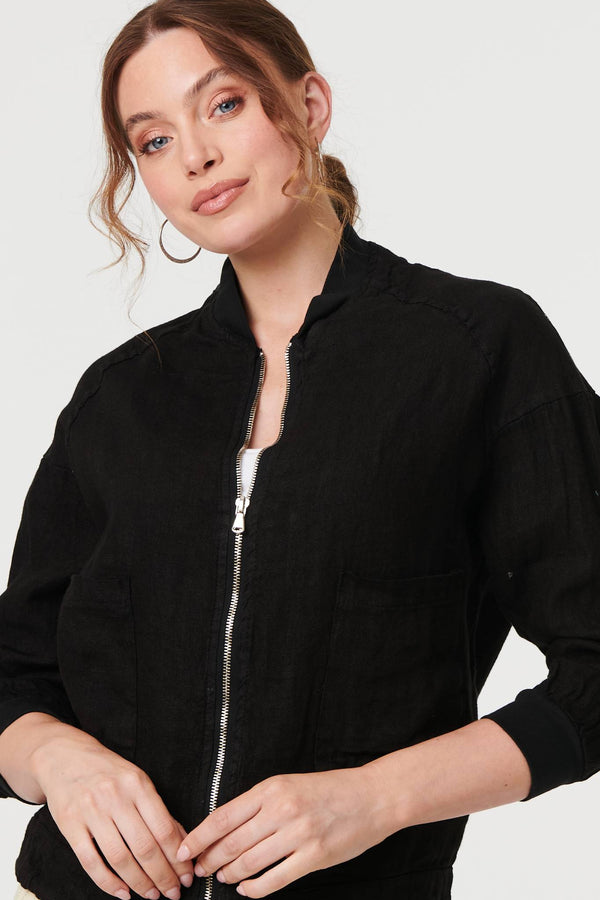 Black | Pocket Detail Zip Front Bomber Jacket 
