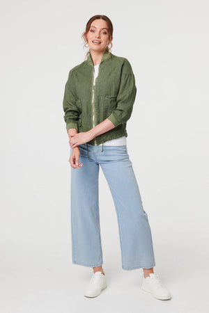Khaki | Pocket Detail Zip Front Bomber Jacket 
