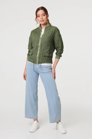 Khaki | Pocket Detail Zip Front Bomber Jacket 
