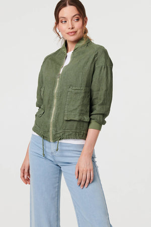 Khaki | Pocket Detail Zip Front Bomber Jacket 
