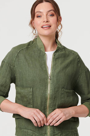 Khaki | Pocket Detail Zip Front Bomber Jacket 
