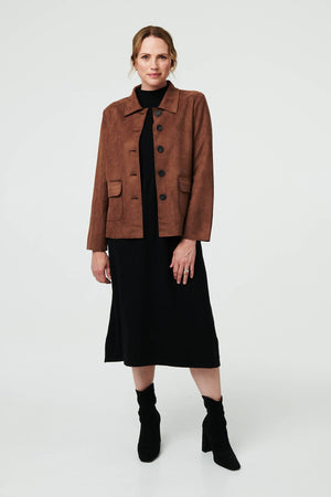 Brown | Faux Suede Button Front Shirt Jacket
