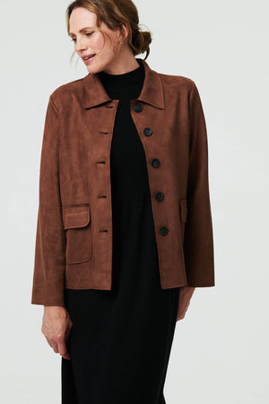Brown | Faux Suede Button Front Shirt Jacket : Model is 5'9