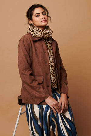 Brown | Faux Suede Button Front Shirt Jacket
