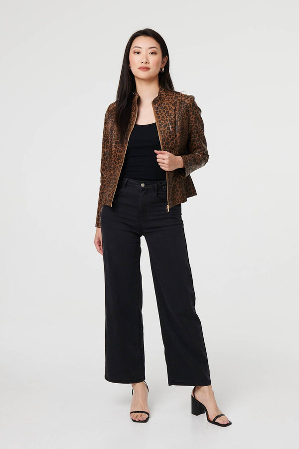 Brown | Animal Print Faux Leather Jacket
