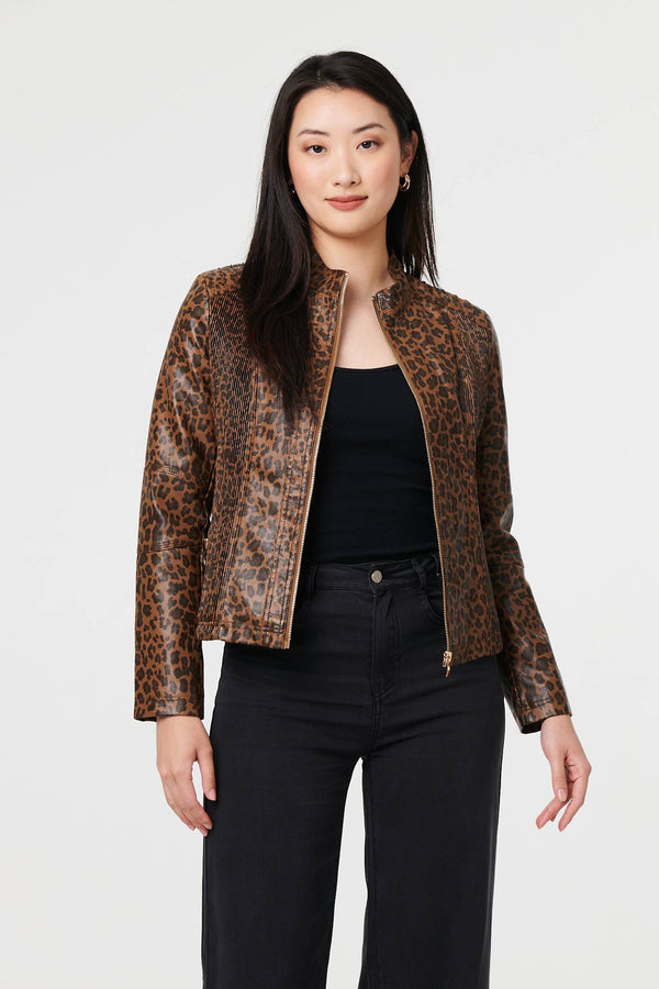 Brown | Animal Print Faux Leather Jacket
