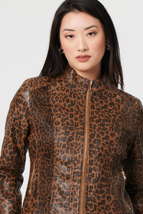 Brown | Animal Print Faux Leather Jacket
