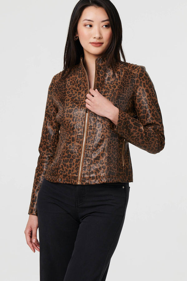 Brown | Animal Print Faux Leather Jacket
