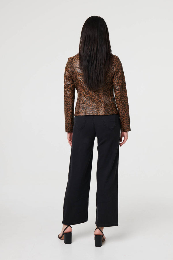 Brown | Animal Print Faux Leather Jacket
