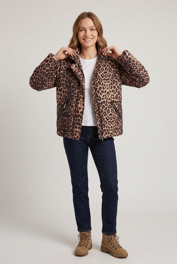 Brown | Animal Print High Neck Puffer Jacket