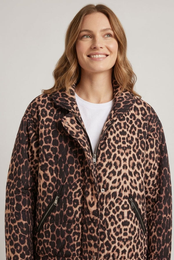 Brown | Animal Print High Neck Puffer Jacket