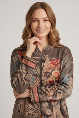 Olive | Abstract Relaxed Hooded Zip Front Jacket
