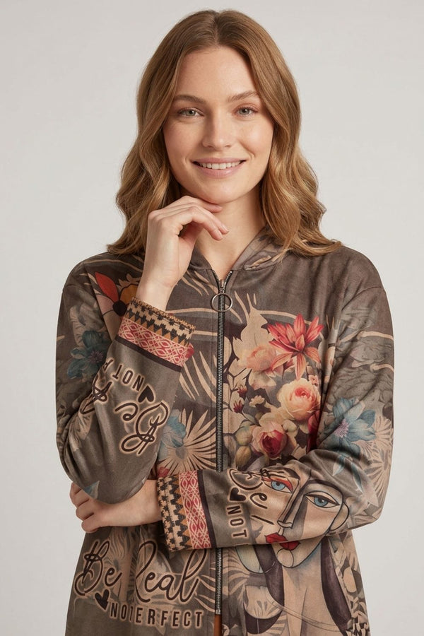 Olive | Abstract Relaxed Hooded Zip Front Jacket
