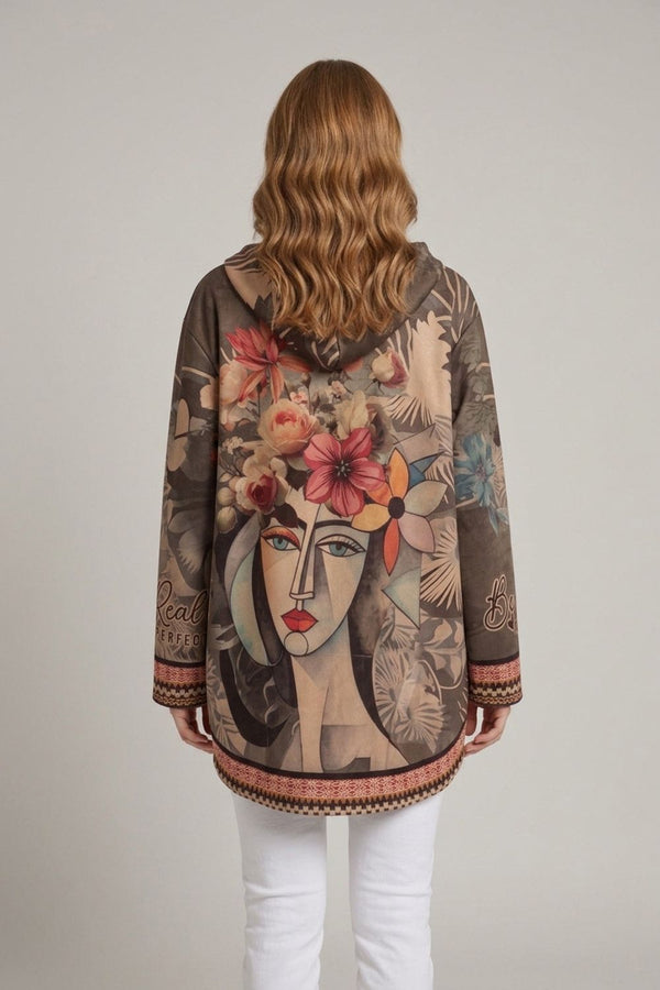 Olive | Abstract Relaxed Hooded Zip Front Jacket
