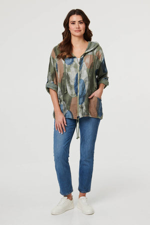 Khaki | Abstract Relaxed Hood Drawstring Jacket : Model is 5'9