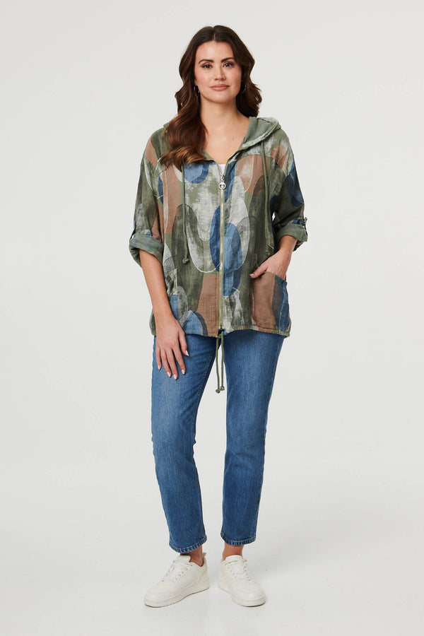 Khaki | Abstract Relaxed Hood Drawstring Jacket : Model is 5'9"/175 cm and wears UK10/EU38/US6/AUS10