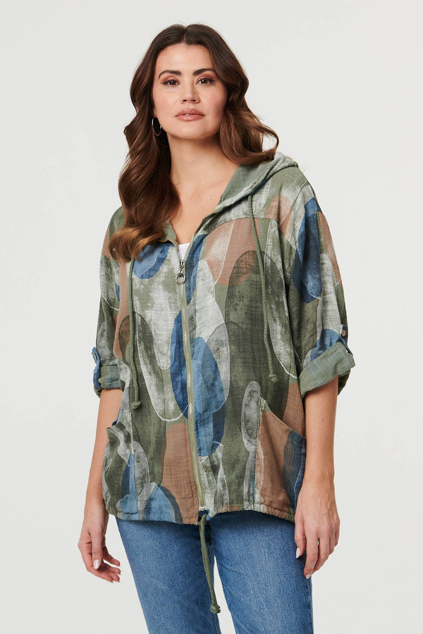 Khaki | Abstract Relaxed Hood Drawstring Jacket