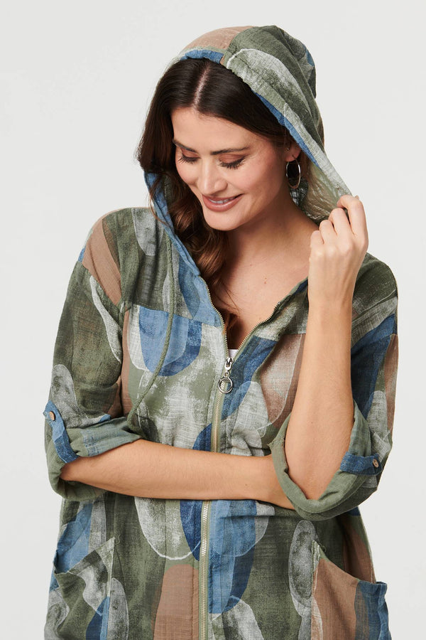 Khaki | Abstract Relaxed Hood Drawstring Jacket