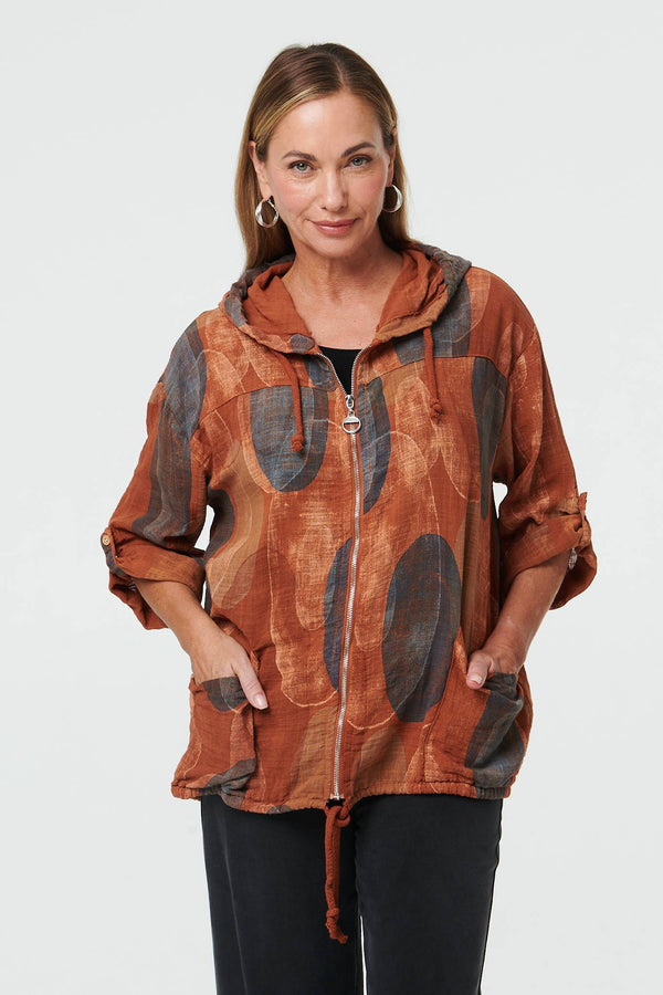 Rust | Abstract Relaxed Hood Drawstring Jacket