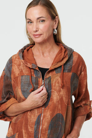 Rust | Abstract Relaxed Hood Drawstring Jacket