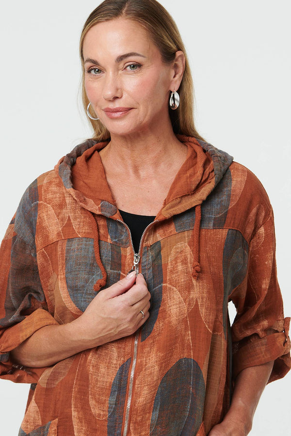 Rust | Abstract Relaxed Hood Drawstring Jacket