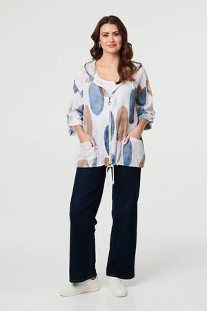 White | Abstract Relaxed Hood Drawstring Jacket