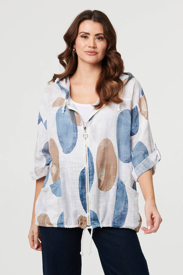White | Abstract Relaxed Hood Drawstring Jacket