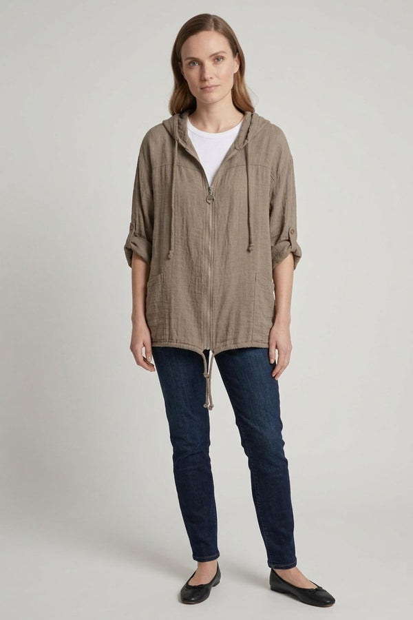 Beige | 3/4 Sleeve Hooded Zip Front Jacket
