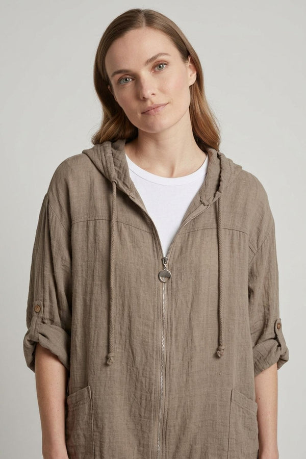 Beige | 3/4 Sleeve Hooded Zip Front Jacket
