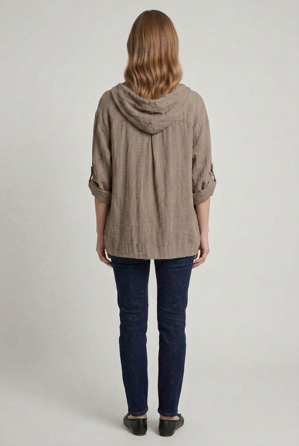 Beige | 3/4 Sleeve Hooded Zip Front Jacket
